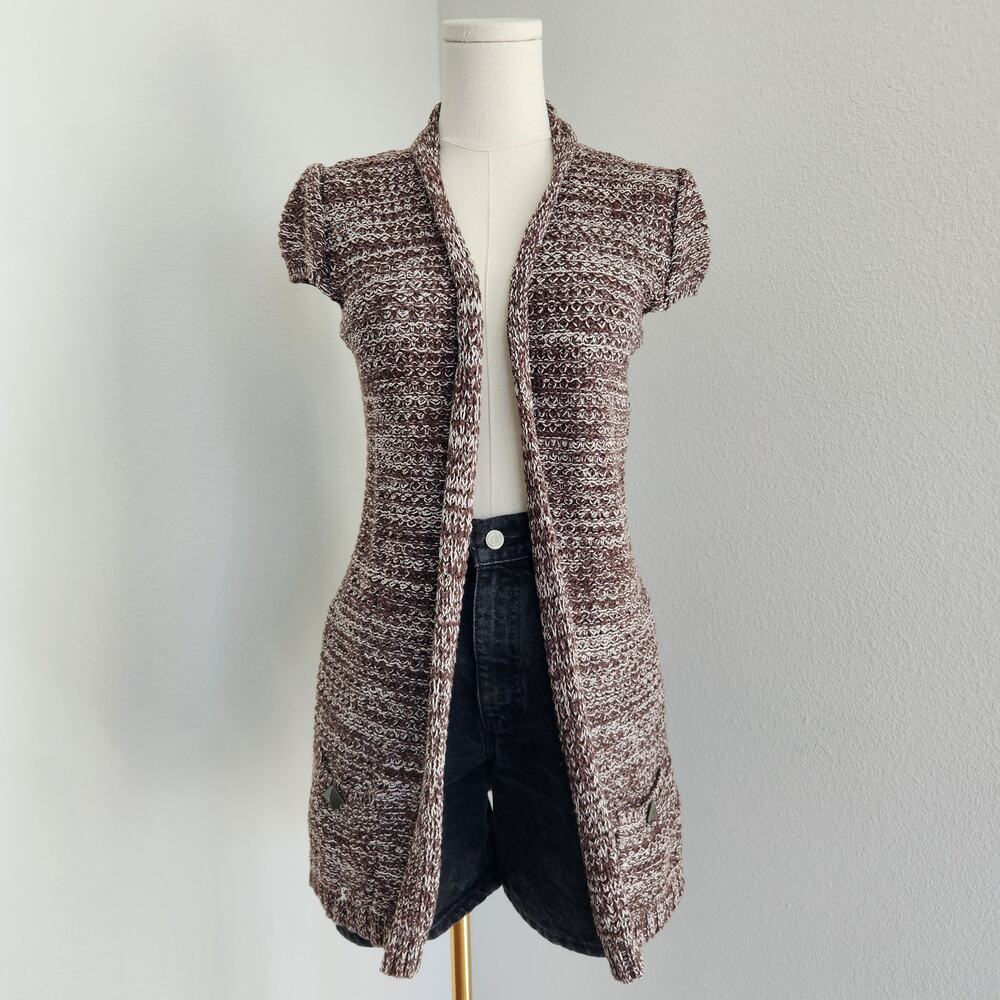 Y2K Mudd Knit Cap Sleeve Brown Longline Open Cardigan with Stud Pocket S